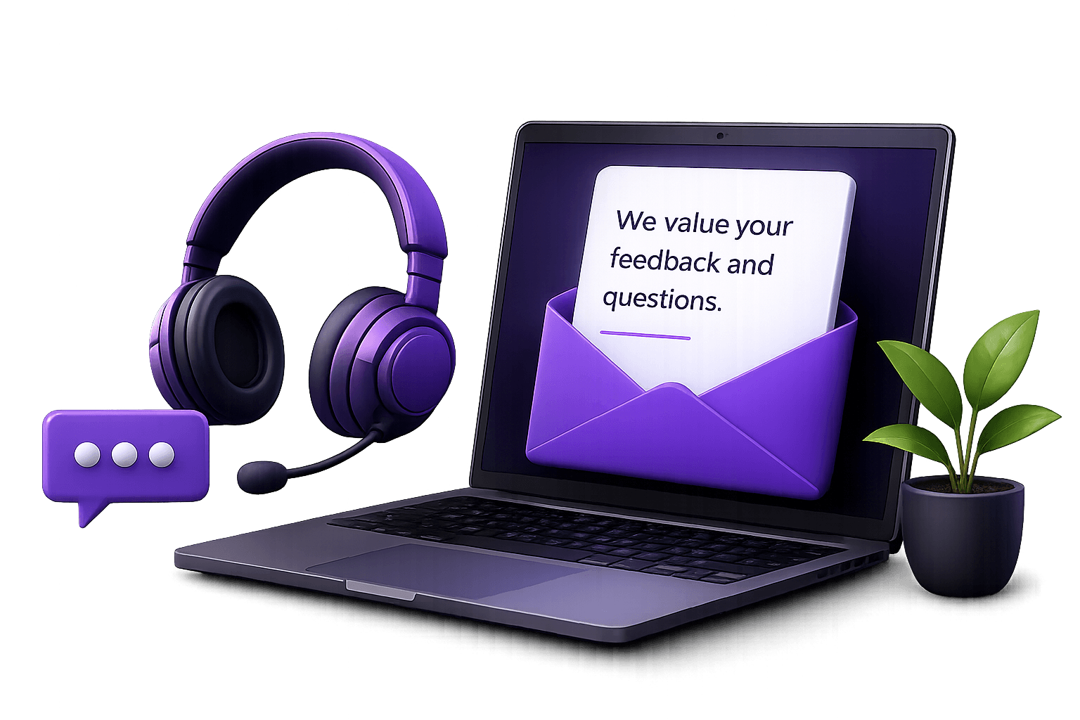 Contact support — laptop, headset, and feedback envelope