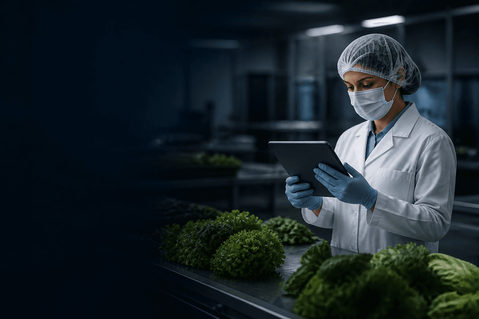 Food safety professional inspecting produce with a tablet